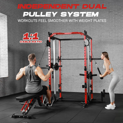 Smith Machine Home Gym, Multi-Function Power Cage with Dual Pulley Cable Crossover System, All-In-One Squat Rack with Smith Bar and Strength Training Attachments for Full-Body Workouts