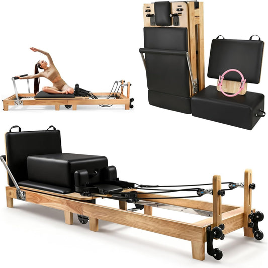 94.5"Pilates Reformer, Wooden Foldable Reformer Pilates Machine with Springs, Quick-Assembly Studio Grade Pilates Reformer Machine, Pilates Equipment with Sitting Box, Jump Board for Home Use & Studio