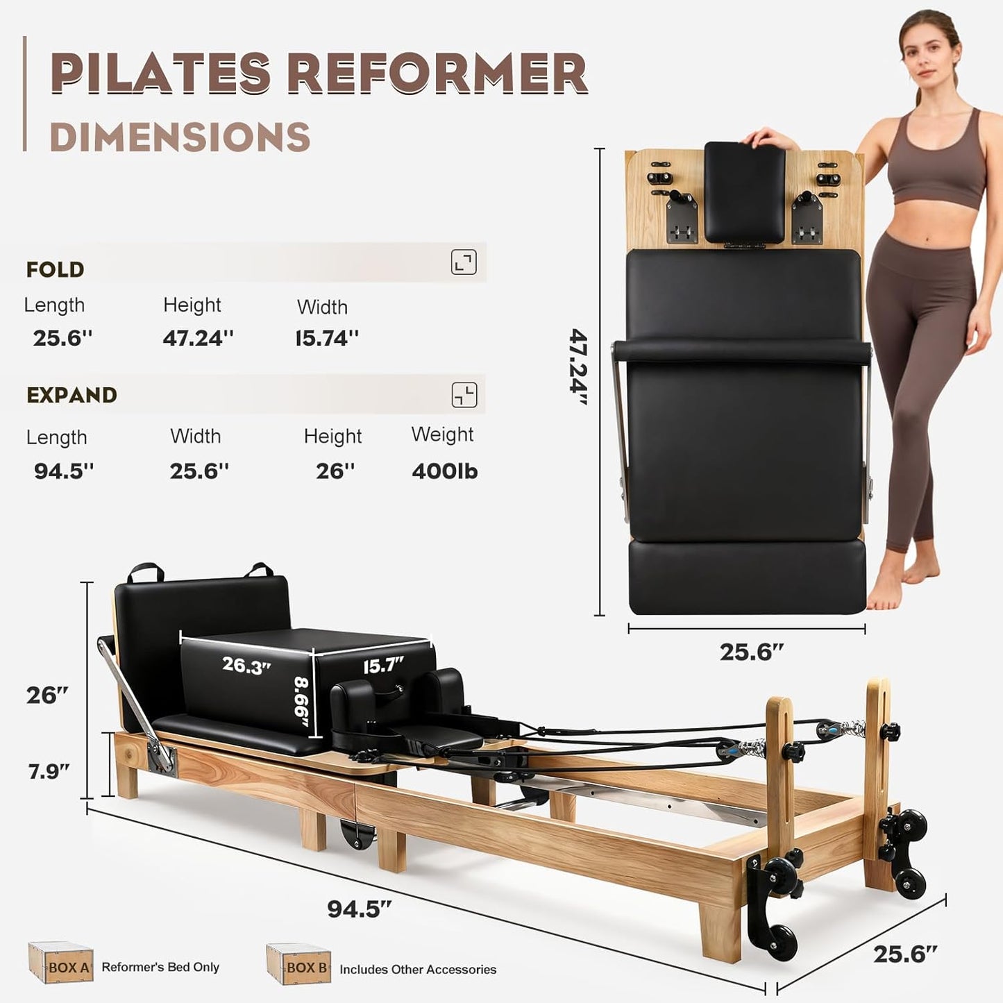 94.5"Pilates Reformer, Wooden Foldable Reformer Pilates Machine with Springs, Quick-Assembly Studio Grade Pilates Reformer Machine, Pilates Equipment with Sitting Box, Jump Board for Home Use & Studio