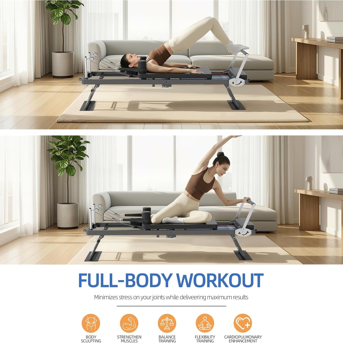 Foldable Pilates Reformer for Home Use Pilates Reformer Machine with Adjustable Resistance Bands Space-Saving Pilates Machine for Core Strength&Full Body Workout