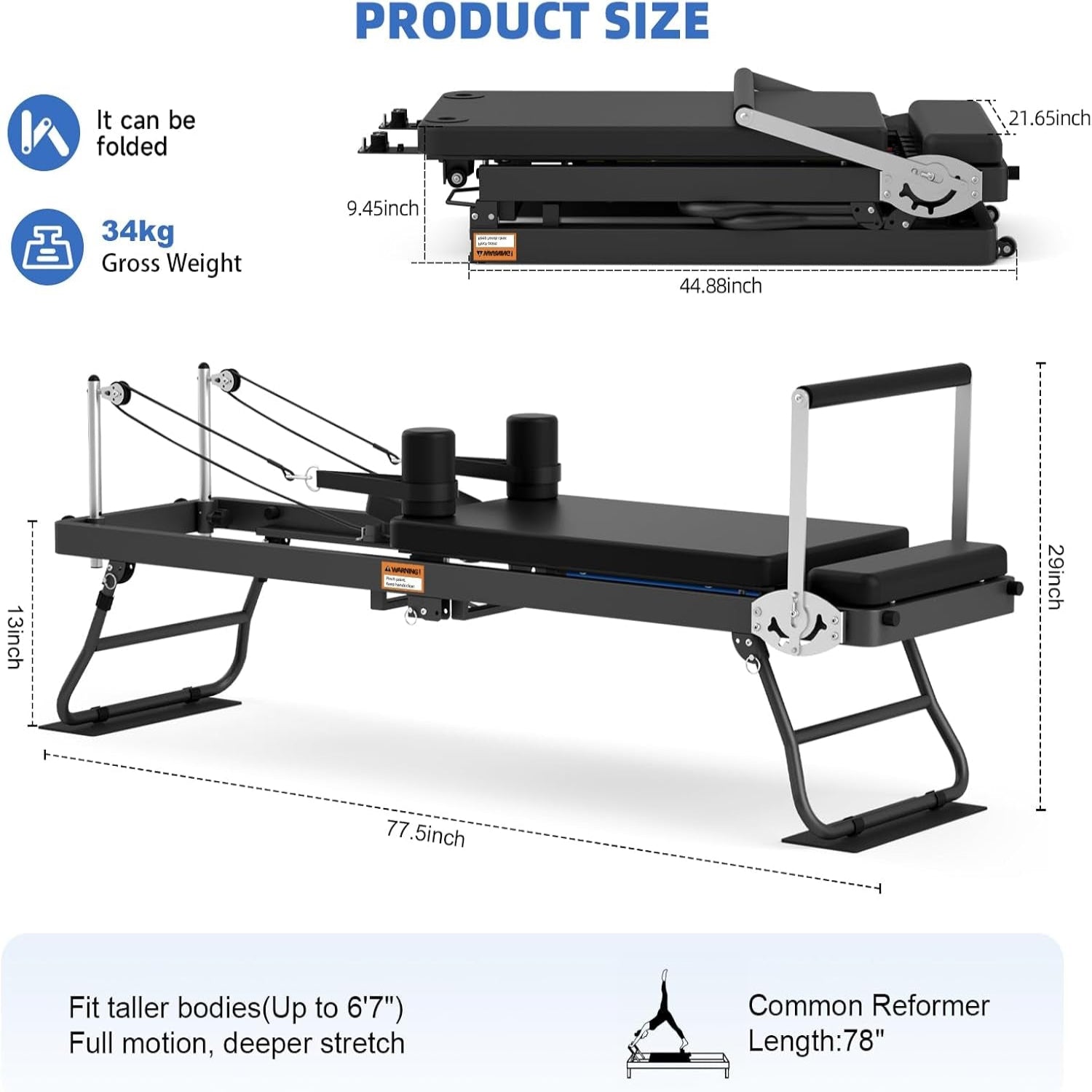 Foldable Pilates Reformer for Home Use Pilates Reformer Machine with Adjustable Resistance Bands Space-Saving Pilates Machine for Core Strength&Full Body Workout