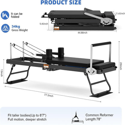Foldable Pilates Reformer for Home Use Pilates Reformer Machine with Adjustable Resistance Bands Space-Saving Pilates Machine for Core Strength&Full Body Workout
