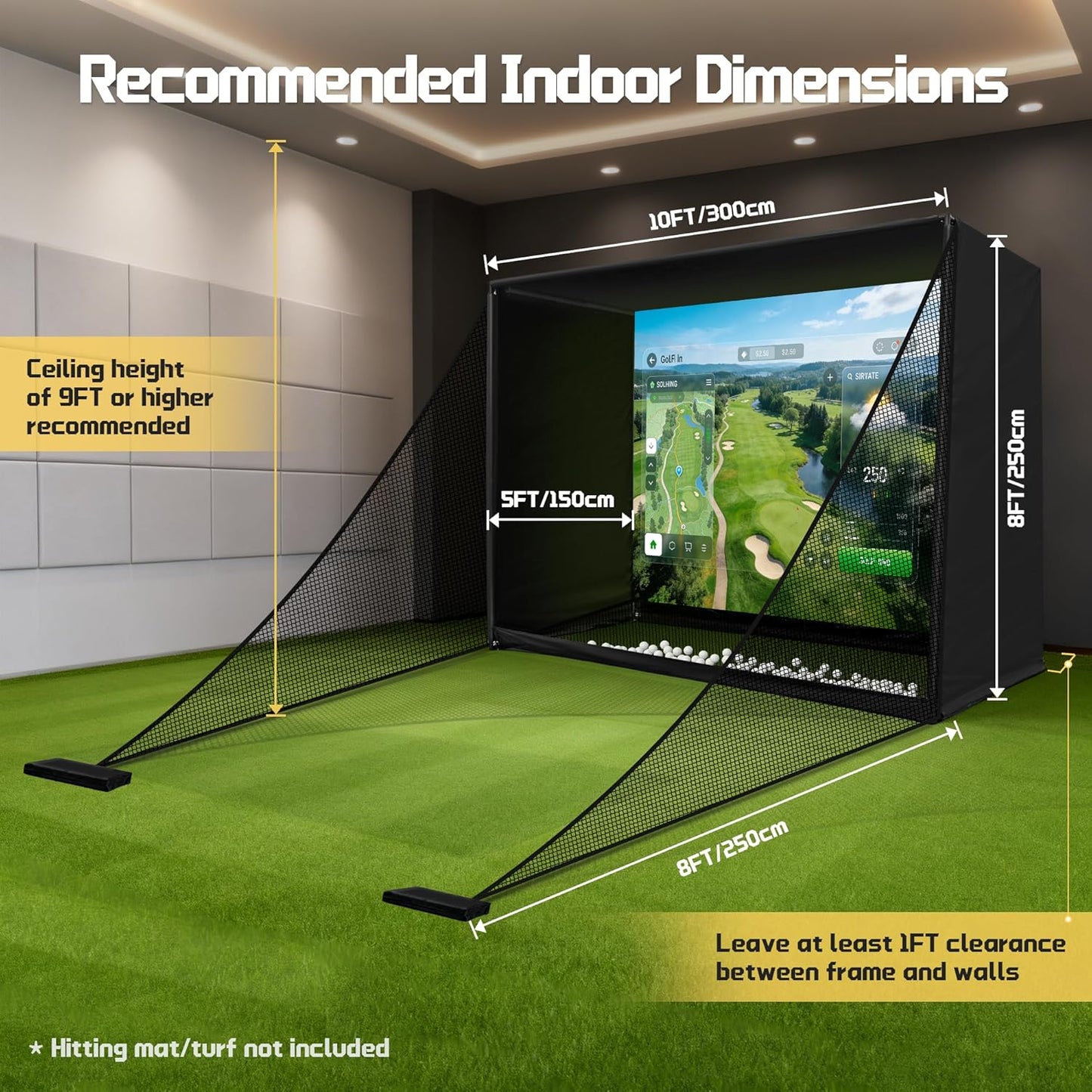 Golf Simulator Enclosure Net 10X8Ft Golf Practice Simulator with HD Impact Screen Kit & Sturdy EPE Foam-Filled Frame Golfs Cage Net with Safety Side Nets for Home Indoor Setup