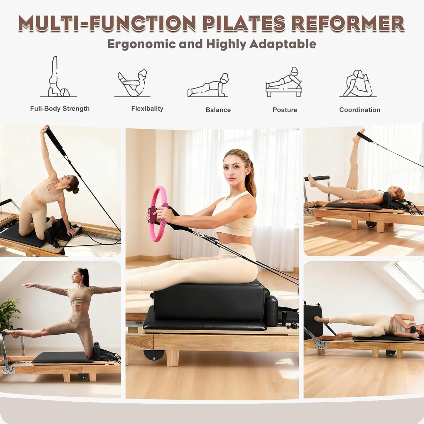 94.5"Pilates Reformer, Wooden Foldable Reformer Pilates Machine with Springs, Quick-Assembly Studio Grade Pilates Reformer Machine, Pilates Equipment with Sitting Box, Jump Board for Home Use & Studio