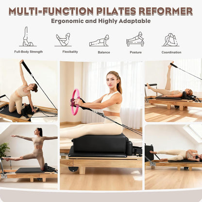 94.5"Pilates Reformer, Wooden Foldable Reformer Pilates Machine with Springs, Quick-Assembly Studio Grade Pilates Reformer Machine, Pilates Equipment with Sitting Box, Jump Board for Home Use & Studio