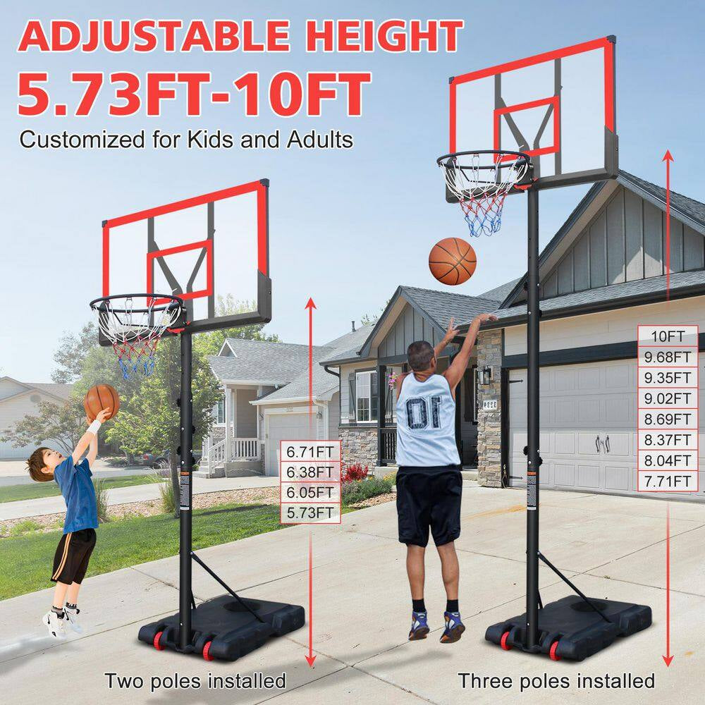 5.7 Ft.-10 Ft. Red Basketball Hoop Basketball System with Adjustable Height and Wheels