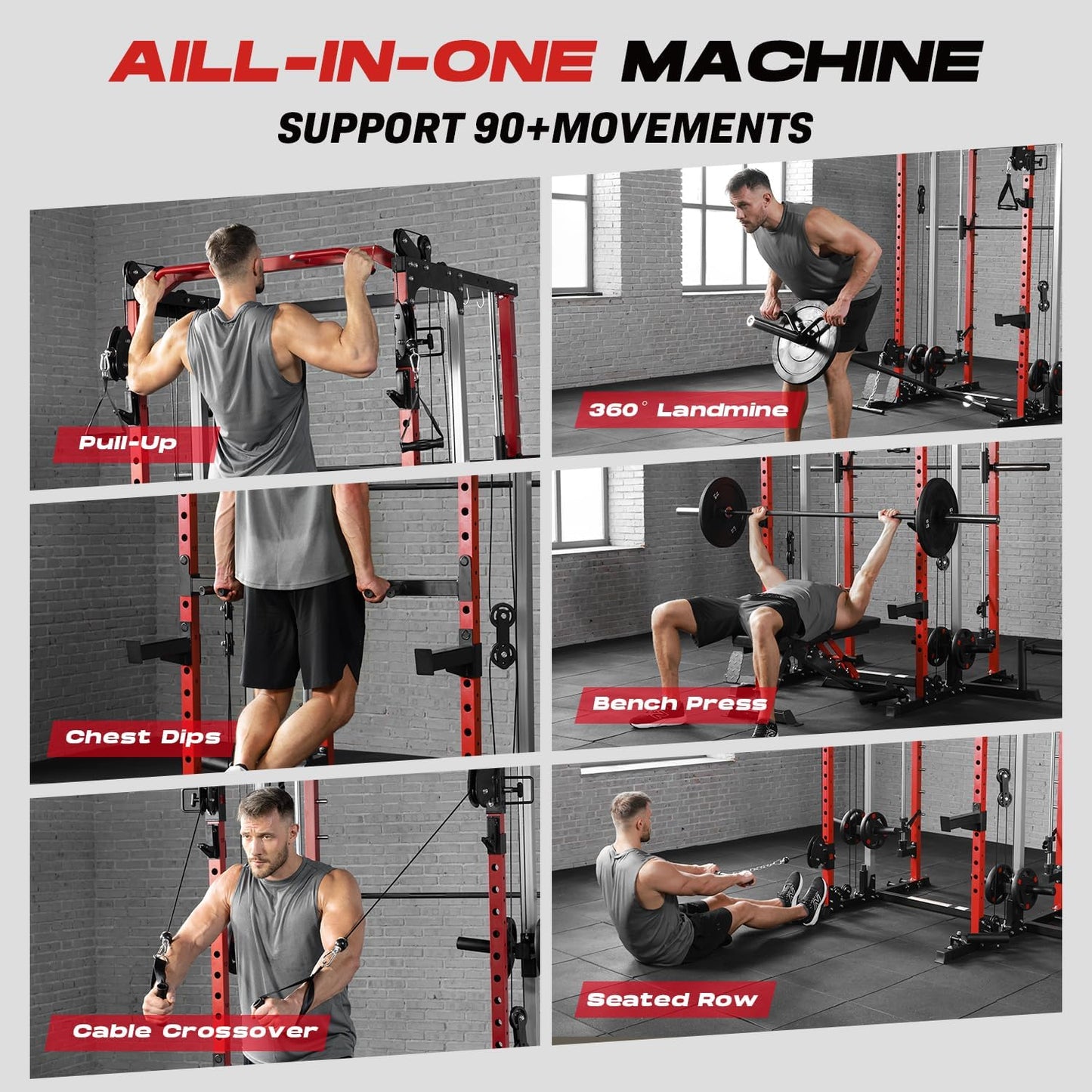 Smith Machine Home Gym, Multi-Function Power Cage with Dual Pulley Cable Crossover System, All-In-One Squat Rack with Smith Bar and Strength Training Attachments for Full-Body Workouts