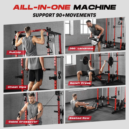 Smith Machine Home Gym, Multi-Function Power Cage with Dual Pulley Cable Crossover System, All-In-One Squat Rack with Smith Bar and Strength Training Attachments for Full-Body Workouts