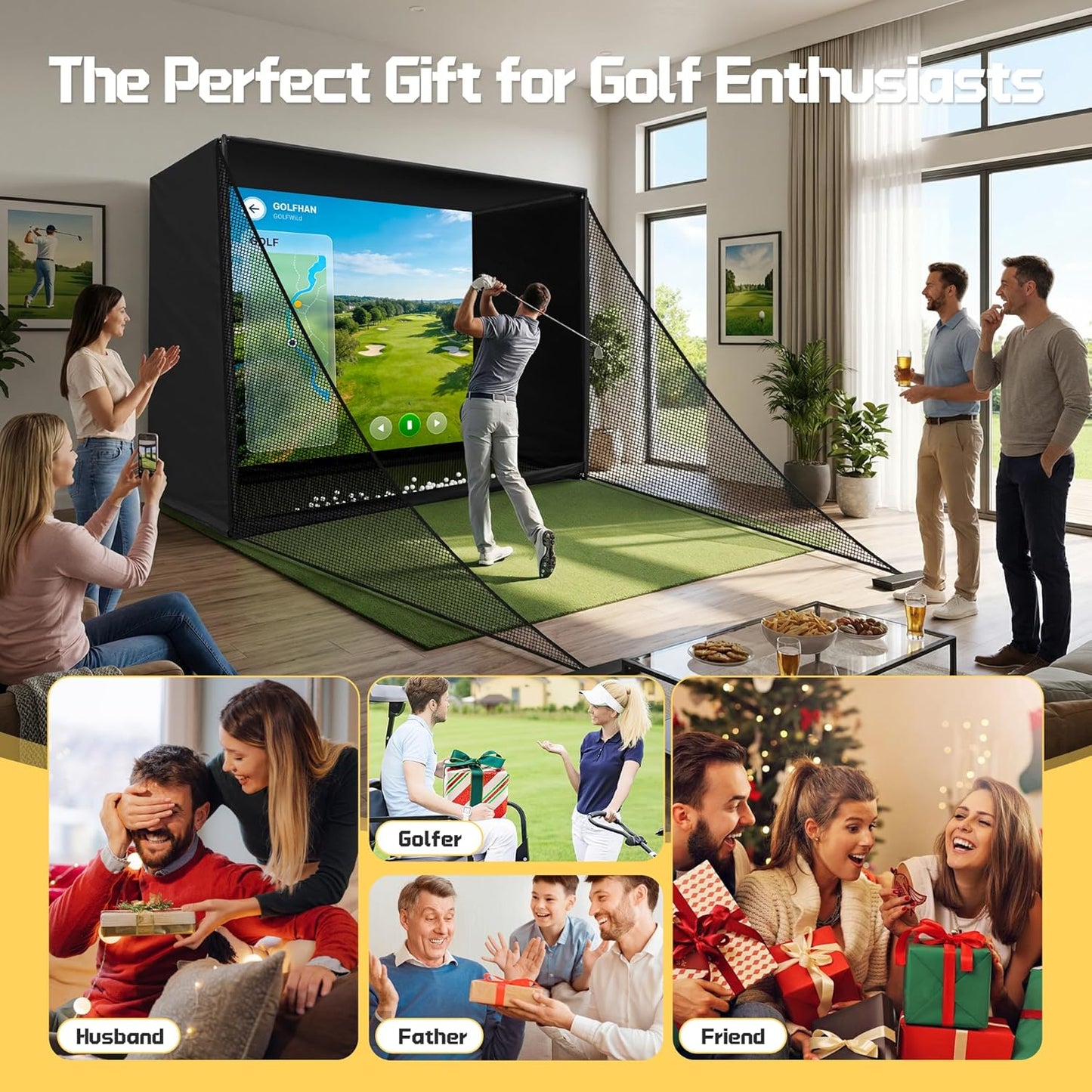 Golf Simulator Enclosure Net 10X8Ft Golf Practice Simulator with HD Impact Screen Kit & Sturdy EPE Foam-Filled Frame Golfs Cage Net with Safety Side Nets for Home Indoor Setup