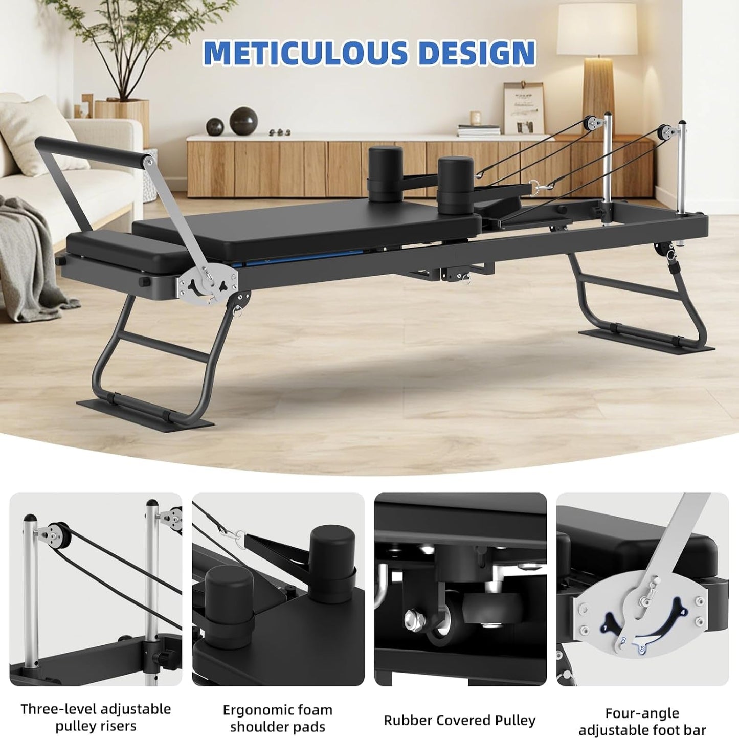 Foldable Pilates Reformer for Home Use Pilates Reformer Machine with Adjustable Resistance Bands Space-Saving Pilates Machine for Core Strength&Full Body Workout