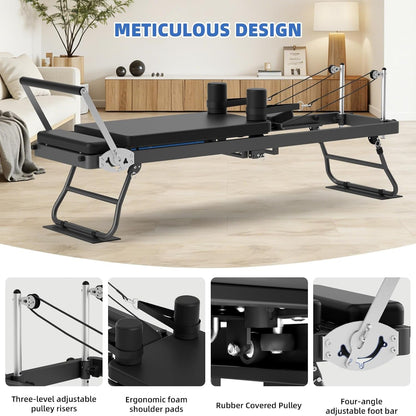 Foldable Pilates Reformer for Home Use Pilates Reformer Machine with Adjustable Resistance Bands Space-Saving Pilates Machine for Core Strength&Full Body Workout