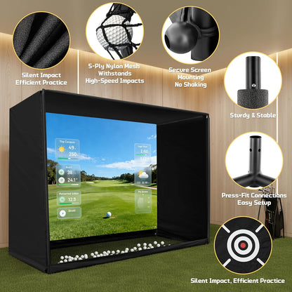 Golf Simulator Enclosure Net 10X8Ft Golf Practice Simulator with HD Impact Screen Kit & Sturdy EPE Foam-Filled Frame Golfs Cage Net with Safety Side Nets for Home Indoor Setup