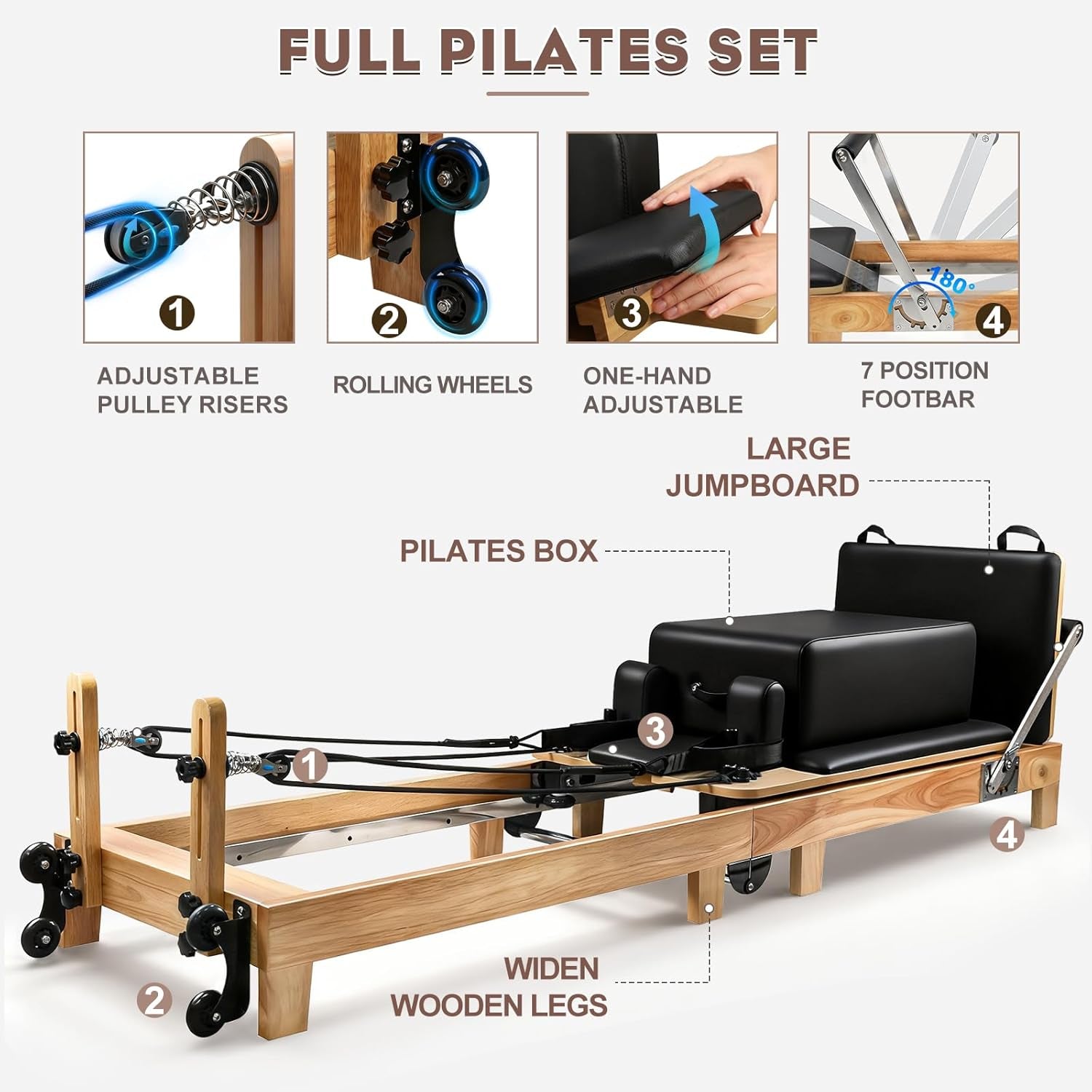 94.5"Pilates Reformer, Wooden Foldable Reformer Pilates Machine with Springs, Quick-Assembly Studio Grade Pilates Reformer Machine, Pilates Equipment with Sitting Box, Jump Board for Home Use & Studio