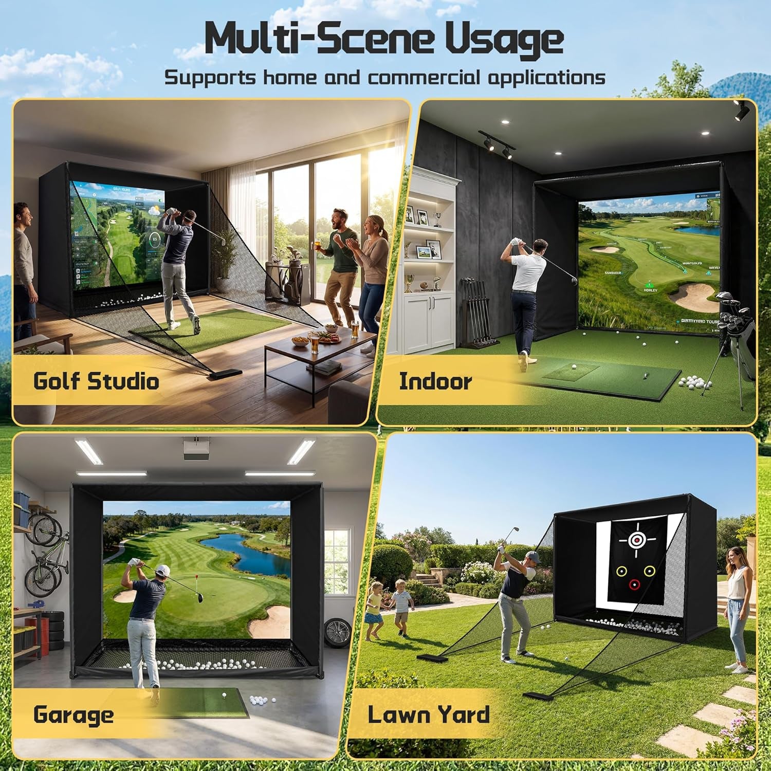 Golf Simulator Enclosure Net 10X8Ft Golf Practice Simulator with HD Impact Screen Kit & Sturdy EPE Foam-Filled Frame Golfs Cage Net with Safety Side Nets for Home Indoor Setup