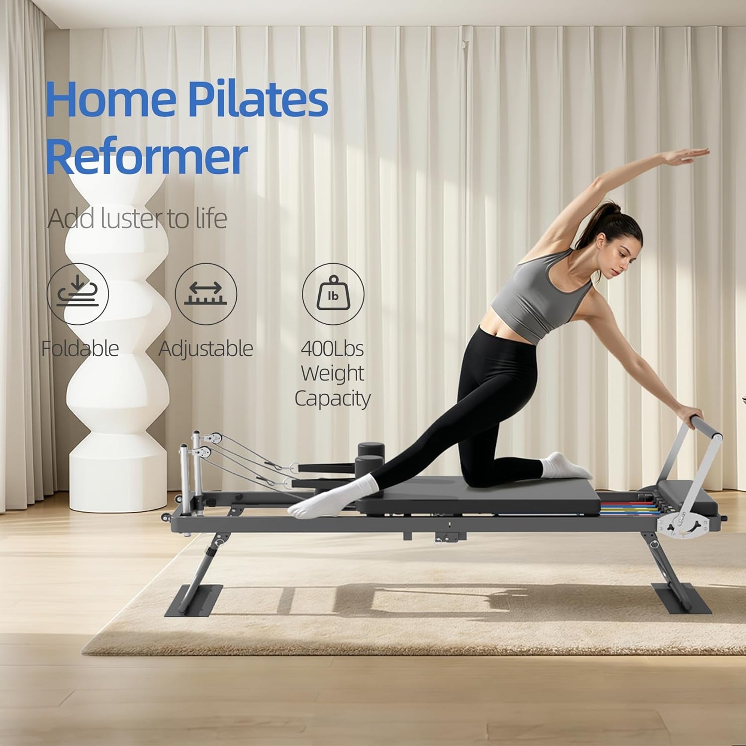 Foldable Pilates Reformer for Home Use Pilates Reformer Machine with Adjustable Resistance Bands Space-Saving Pilates Machine for Core Strength&Full Body Workout