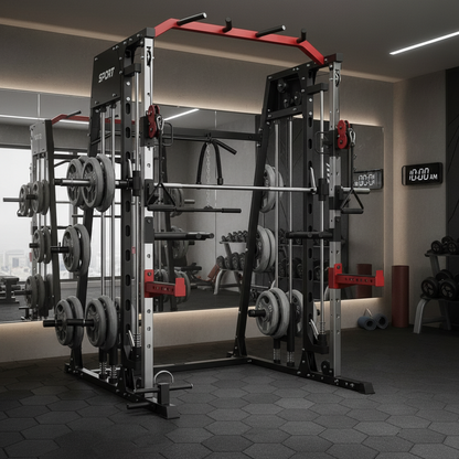 Smith Machine Home Gym All-In-1, 2200LBS Power Cage with Dual Cable Pulley Systems, LAT Pull-Down & Leg Hold-Down | Complete Strength Training Equipment for Full Body Workouts