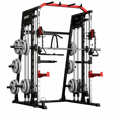 Smith Machine Home Gym All-In-1, 2200LBS Power Cage with Dual Cable Pulley Systems, LAT Pull-Down & Leg Hold-Down | Complete Strength Training Equipment for Full Body Workouts